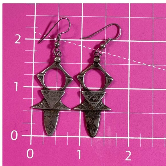 Vintage Tuareg Cross Sterling Silver Tribal Dangle Earrings Geometric Cutout 2" - Picture 4 of 8